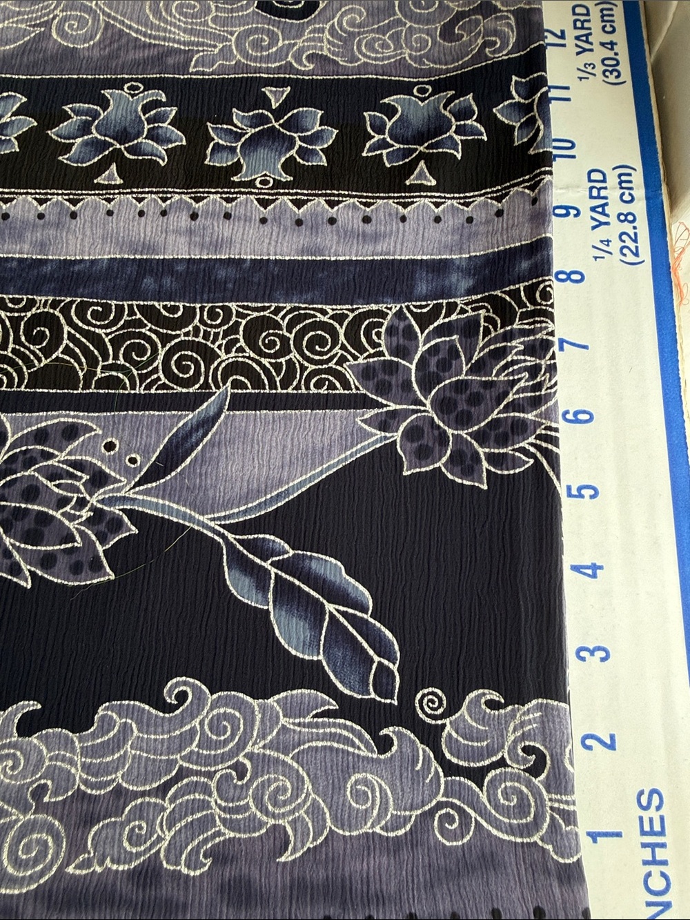 Vintage 1980s Crinkle Crepe Fabric Asian Floral Stripe Black Blue 3 1/3 Yds - Picture 5 of 13